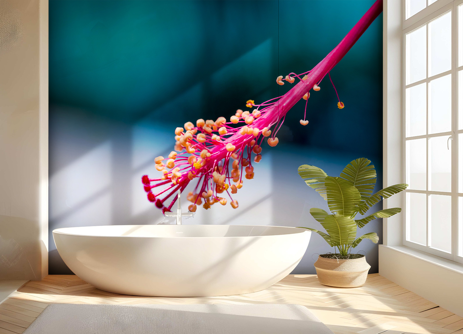Duschrückwand Aluverbund – Rosa Hibiskus-Staubblatt Makro, lebendige Blüten-Nahaufnahme – Bild 2
