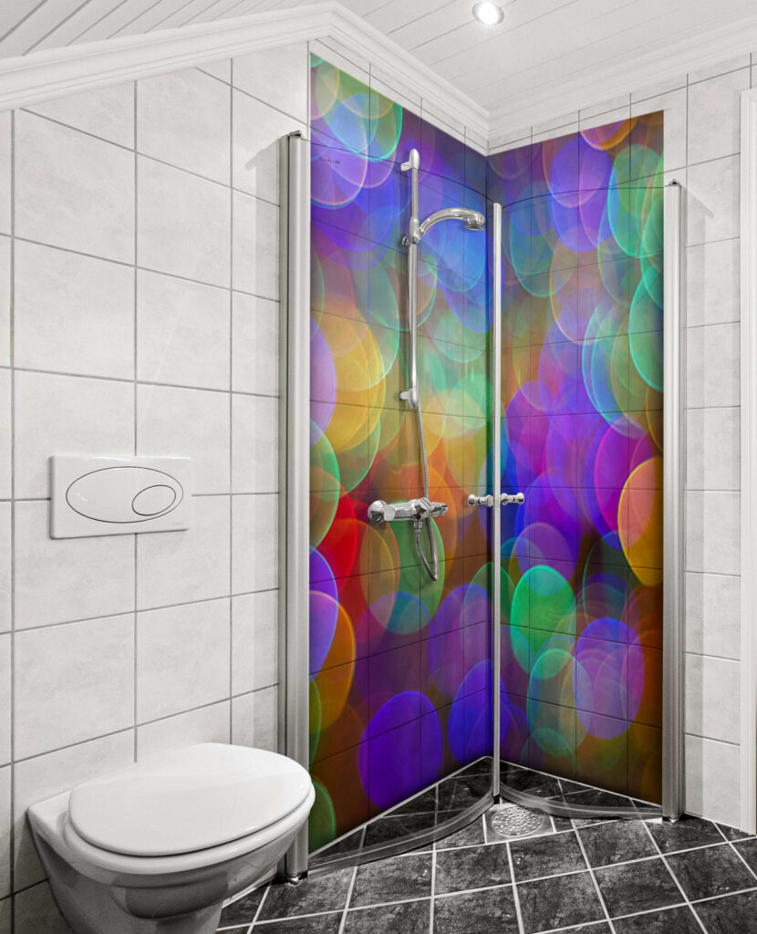 Duschrückwand Aluverbund – Bunte Bokeh-Lichter, abstraktes Regenbogen-Leuchten