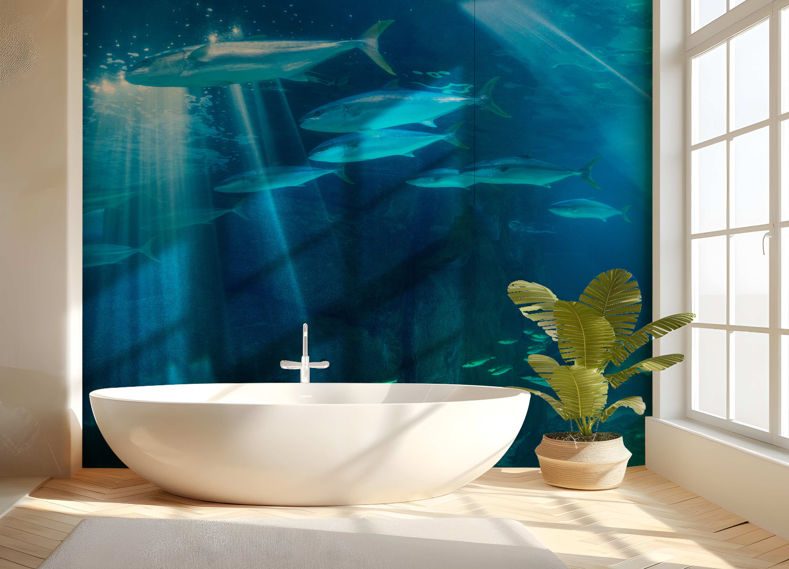 Duschrückwand Aluverbund – Unterwasser-Meeresszene mit Sonnenstrahlen & schwimmenden Fischen, Tiefsee – Bild 2