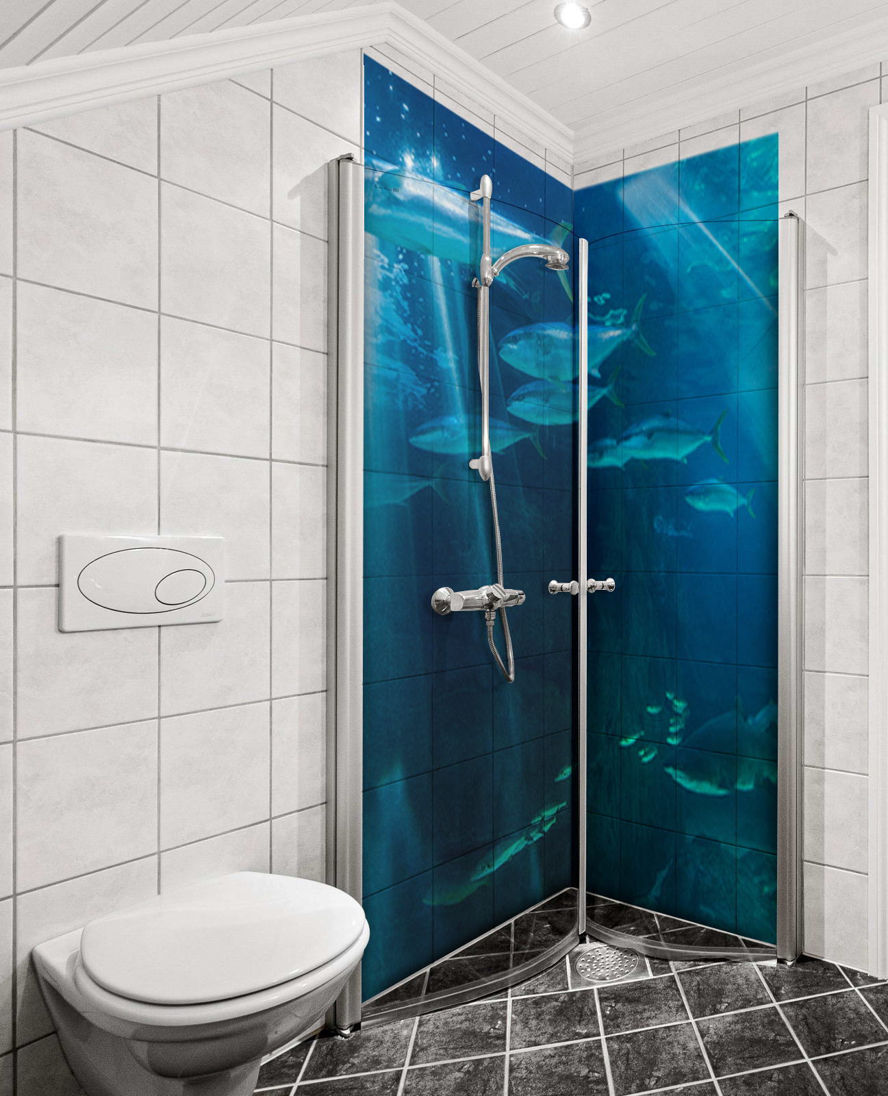 Duschrückwand Aluverbund – Unterwasser-Meeresszene mit Sonnenstrahlen & schwimmenden Fischen, Tiefsee