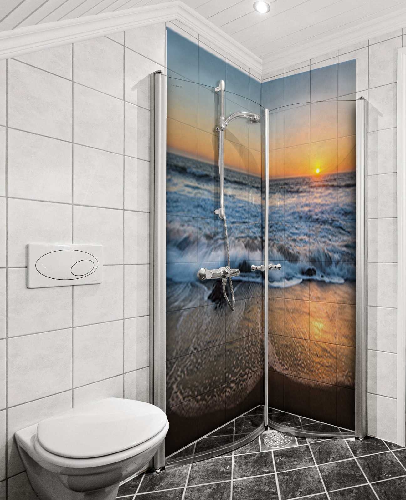 Duschrückwand Aluverbund – Meereswellen im Sonnenuntergang & goldener Strandhorizont