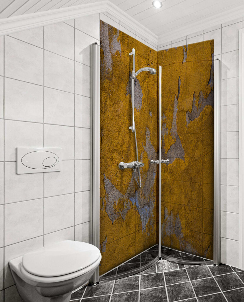 Duschrückwand Aluverbund – Goldene Patina-Textur | Rustikale Industrie-Wandkunst