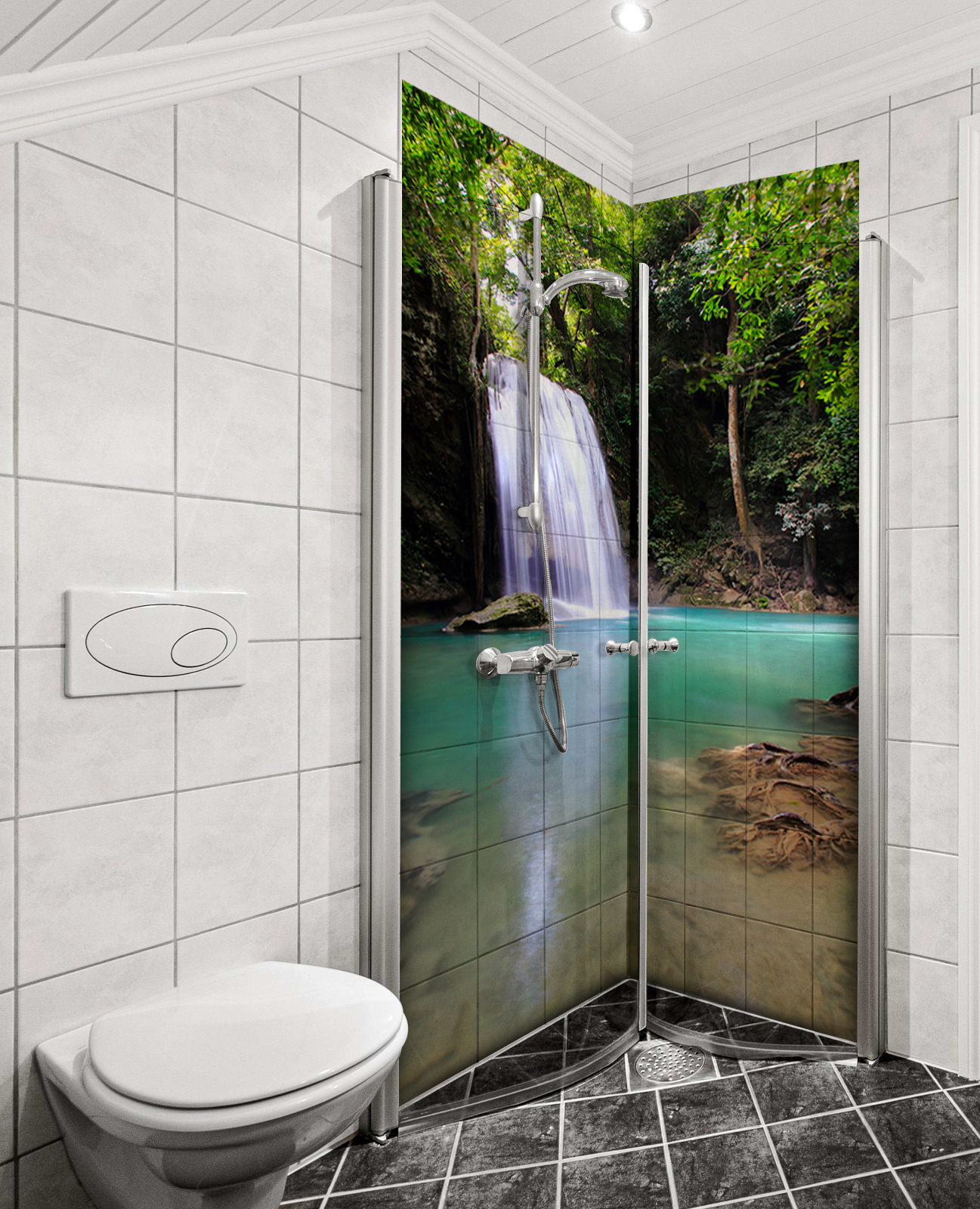 Duschrückwand Aluverbund – Elegante tropische Wasserfall-Oase
