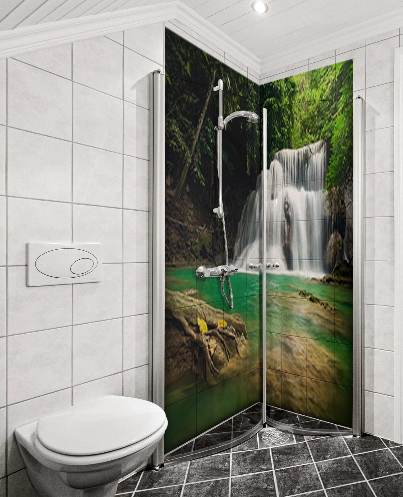 Duschrückwand Aluverbund – Tropische Wasserfall-Oase