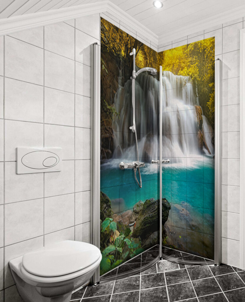 Duschrückwand Aluverbund – Goldener Herbst-Wasserfall | Spa-Stil