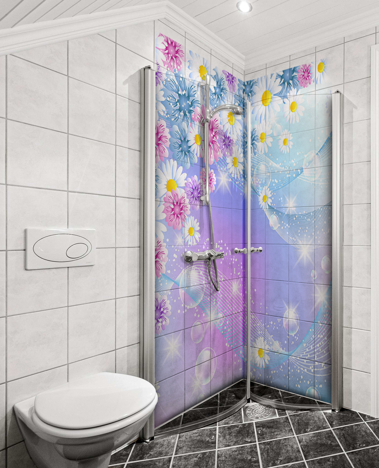 Duschrückwand Aluverbund – Pastellfarbenes Blumen-Fantasiemotiv mit Gänseblümchen, Glitzer