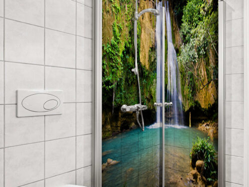 Duschrückwand Aluverbund – Tropischer Dschungel-Wasserfall & kristallklare Lagune