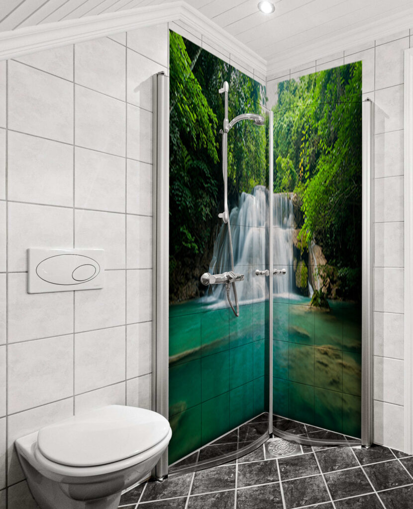 Duschrückwand Aluverbund – Exotische Regenwald-Wasserfall-Szene