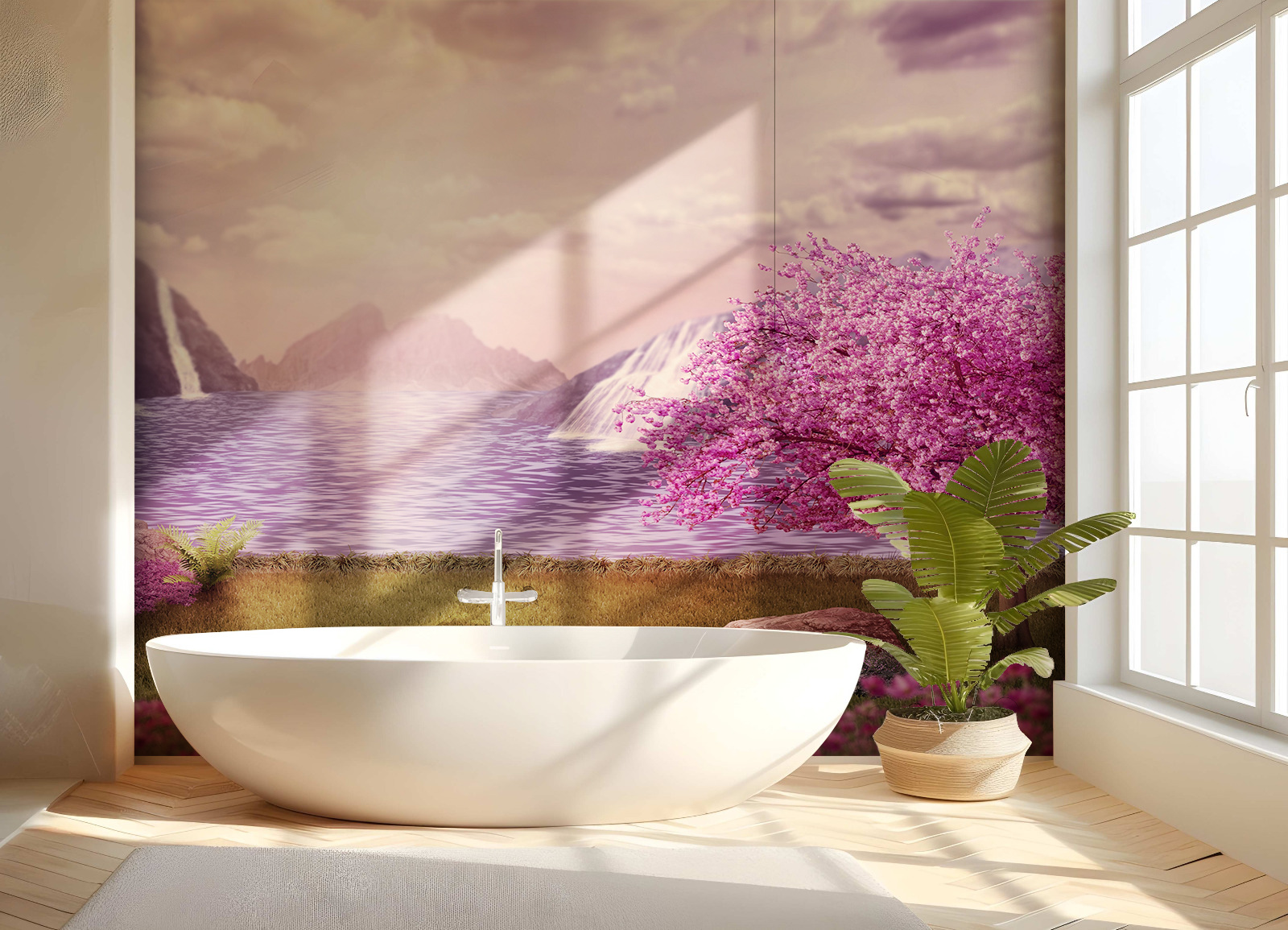 Duschrückwand Aluverbund – Kirschblüten-Landschaft mit kristallklarem See – Bild 2