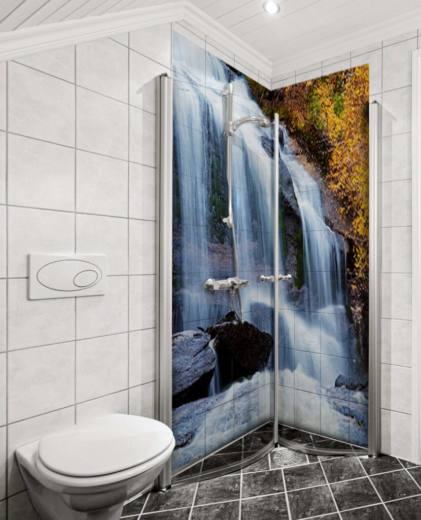 Duschrückwand Aluverbund – Herbstlicher Wasserfall & Felskaskade im Wald